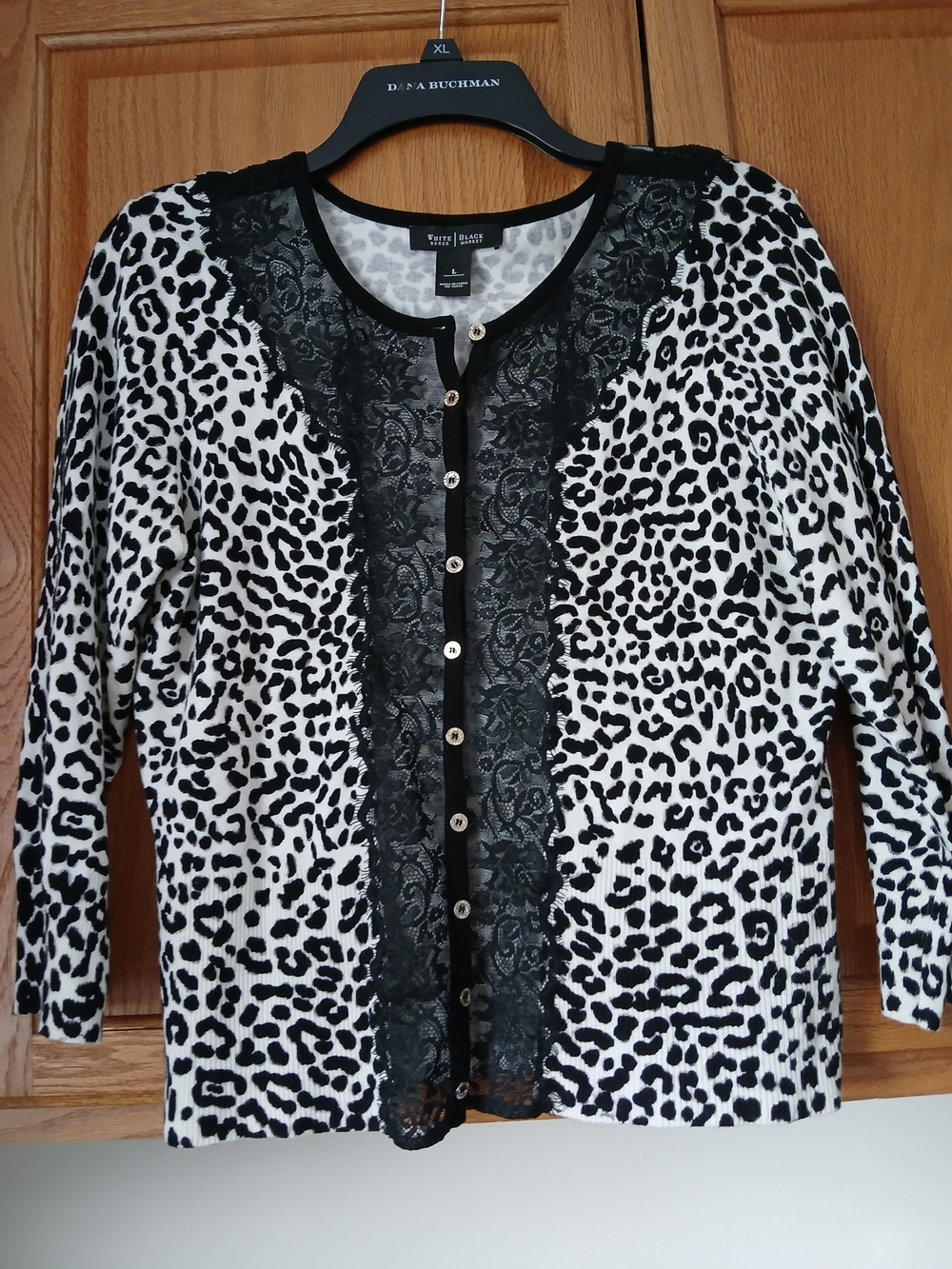 White House Black Market Black and White Leopard Lace-Trim Cardigan